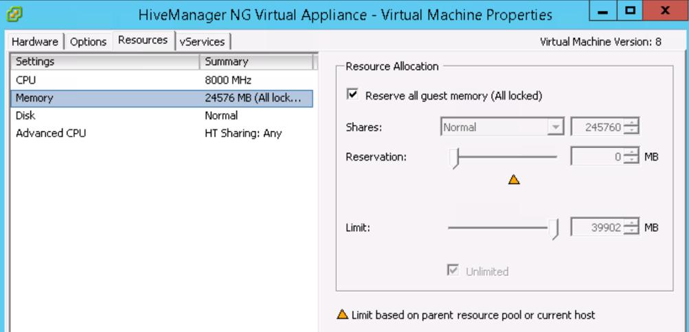 HiveManager NG Virtual Appliance: vsphere Configuration 12 To protect the virtual machine from oversubscribing the memory resources of the physical host, you must reserve memory.