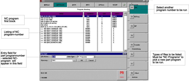 5.3 Program Number S election The menu choice CNC (F1) allows the selection of a new part program to run on the machine. Files listed here can be found on the hard drive in C:\PADATA\NCPROG.