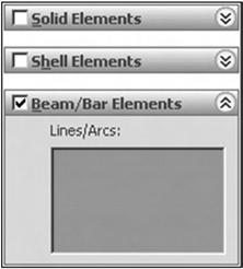 2. Uncheck the Solid Elements checkbox and check the Beam/Bar Elements checkbox. Click on the Lines/Arc box in the Beam/Bar Elements form so that it is active. 3.