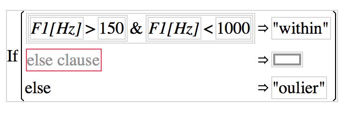 Drag from the Table columns list the column name F1[Hz] into the grey expr field, type the greater sign (>) or select it from the Function Comparison menu and type 150 into the right field.