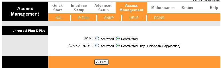 10.5 Configuring UPnP From the Site Map in the main menu, click UPnP under Access Managemen to display the screen shown next. The following table describes the labels in this screen.