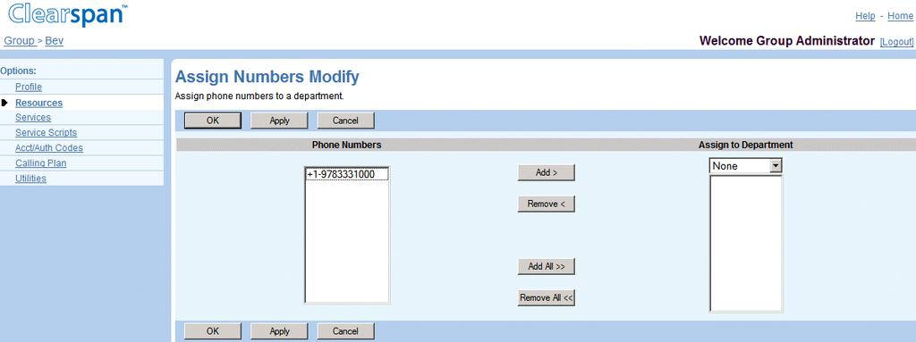 6.11.2 CHANGE DEPARTMENT ASSIGNMENTS OF NUMBERS Use the Group Assign Numbers Modify page to modify the assignments of numbers to departments. Figure 70 Group Assign Numbers Modify 1.