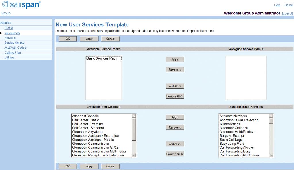 Figure 79 Group New User Services Template 1. On the Group Resources menu page, click New User Services Template. The Group New User Services Template page appears. 2.