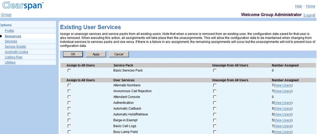 6.18 EXISTING USER SERVICES Use this item on the Group Resources menu page to assign or unassign service packs or user services. 6.18.1 ASSIGN OR UNASSIGN SERVICE PACKS OR USER SERVICES Use the Group
