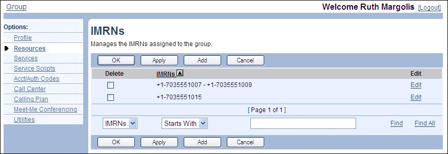 6.19 IMRNS Use this item on the Group Resources menu page to assign or unassign numbers to your group's IP Multimedia Routing Number (IMRN) pool.