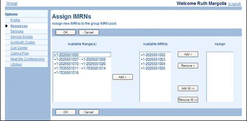 6.19.2 ASSIGN IMRNS Use the Group Assign IMRNs page to assign phone numbers to your group's IMRN pool.