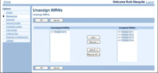 You use the Group Unassign IMRNs page to unassign some numbers from a range of numbers in your group's IMRN pool.