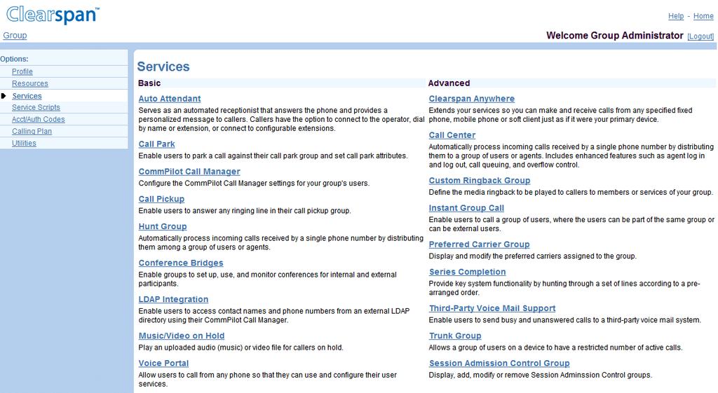7 SERVICES MENU This chapter contains sections that correspond to items on the Group Services menu page, except for items related to managing services as virtual users.