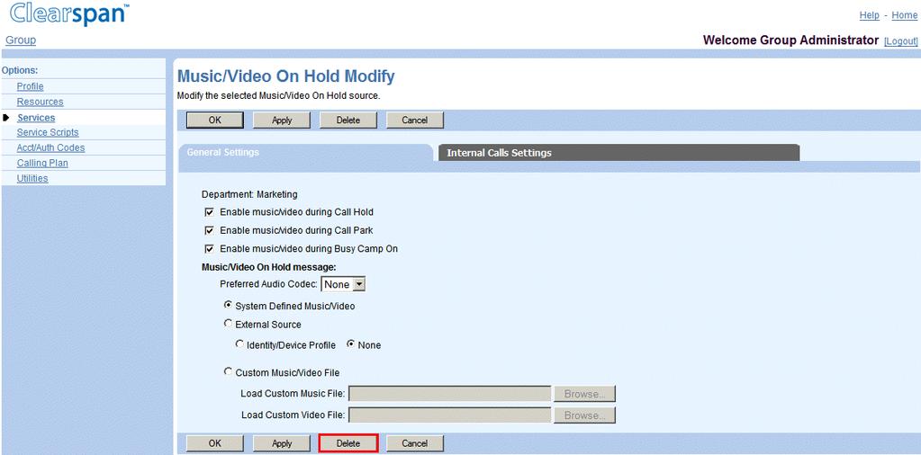 7.4.4 DELETE MUSIC/VIDEO ON HOLD SETTINGS FOR DEPARTMENT Use the Group Music/Video On Hold Modify page to delete the Music/Video On Hold settings for a department.