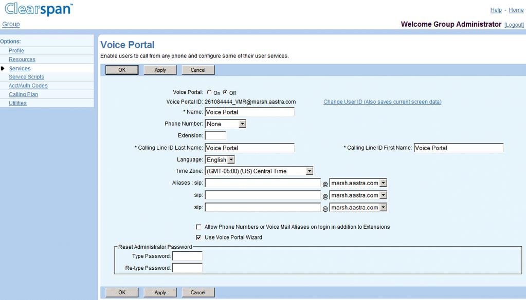 Figure 103 Group Voice Portal 1. On the Group Services menu page, click Voice Portal. The Group Voice Portal page appears. 2. To change the voice portal ID, click Change User ID.