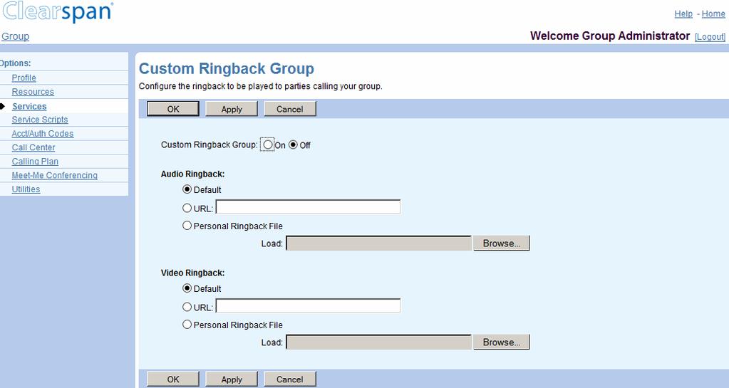 7.11.1 CONFIGURE CUSTOM RINGBACK GROUP Use the Group Custom Ringback Group page to turn the feature on or off, and to configure the custom ringback for the group.
