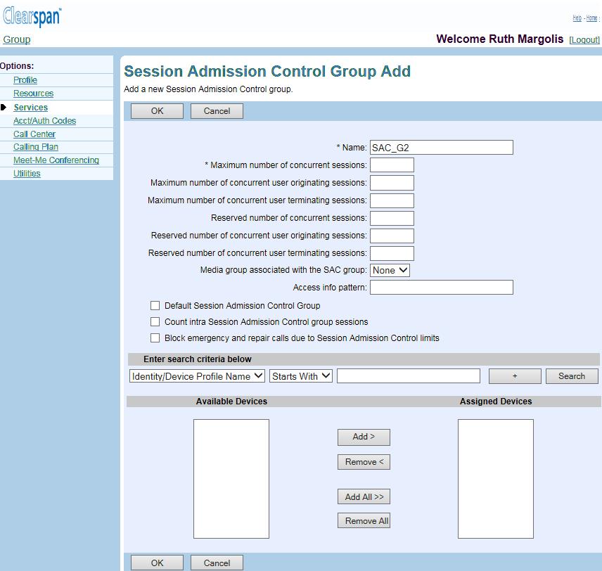 7.19.2 ADD SESSION ADMISSION CONTROL GROUP Use the Group Session Admission Control Group Add page to create a new SAC group. Figure 129 Group Session Admission Control Group Add 1.