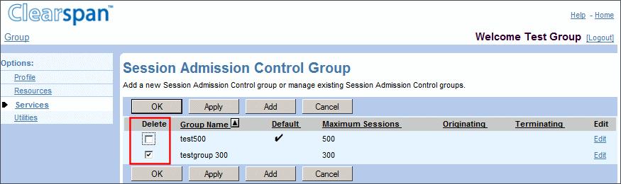7.19.4 DELETE SESSION ADMISSION CONTROL GROUP Use the Group Session Admission Control Group page to delete an SAC group. Figure 132 Session Admission Control Group Delete 1.