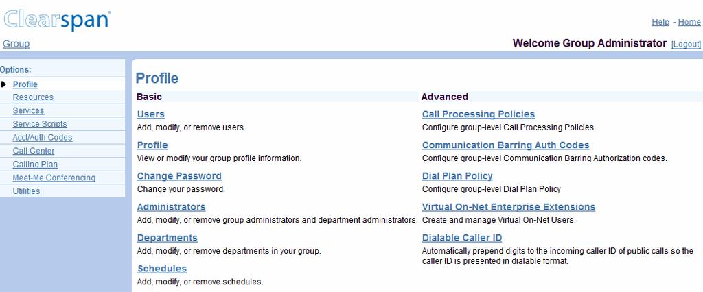 5 PROFILE MENU This chapter contains sections that correspond to each item on the Group Profile menu page. This menu page is the Home page for group administrators and it appears when you log in.