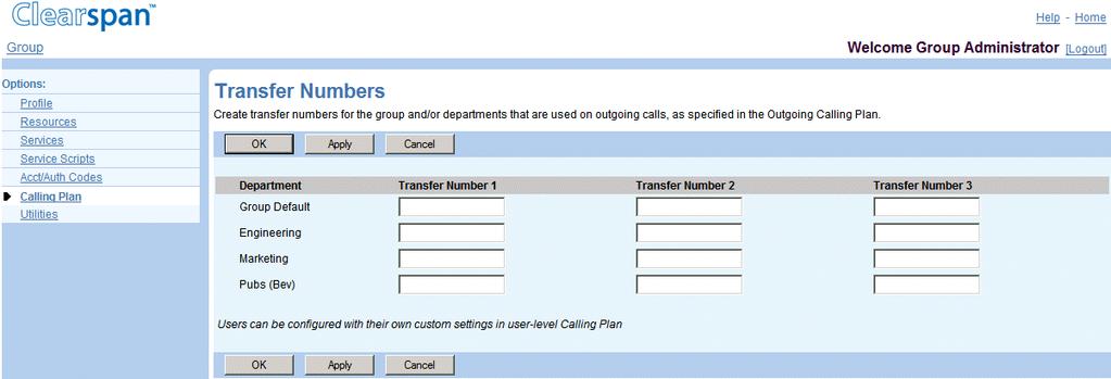 11.5 TRANSFER NUMBERS Use this menu item on the Group Calling Plan menu page to list and configure transfer numbers for the group and departments.