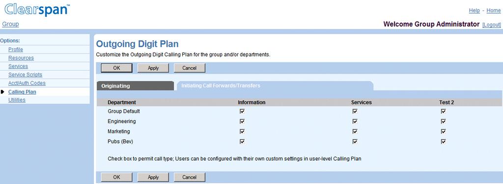 Figure 159 Group Outgoing Digit Plan (Initiating Call Forwards/Transfers Tab) 3.