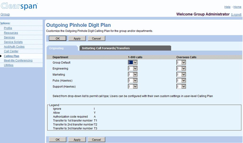 Figure 160 Group Outgoing Pinhole Digit Plan (Originating Tab) 1. On the Group Calling Plan menu page, click Outgoing Pinhole Digit Plan. The Outgoing Pinhole Digit Plan page appears.