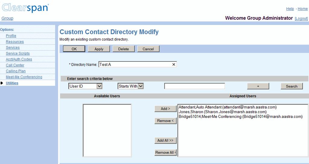13.3.2 MODIFY A CUSTOM CONTACT DIRECTORY Use the Custom Contact Directory Modify page to modify or delete a custom contact directory. Figure 170 Group Custom Contact Directory Modify 1.
