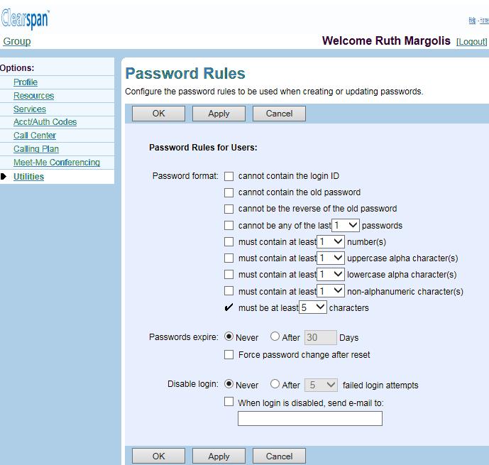 13.8 PASSWORD RULES Use this item on the Group Utilities menu page to list or set password rules for users. 13.8.1 LIST OR SET PASSWORD RULES FOR USERS Use the Group Password Rules page to edit or view the criteria currently set for user passwords.