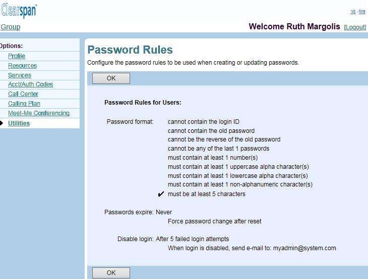 Figure 182 Group Password Rules (Read-only) 1. On the Group Utilities menu page, click Password Rules. The Group Password Rules page appears. 2.