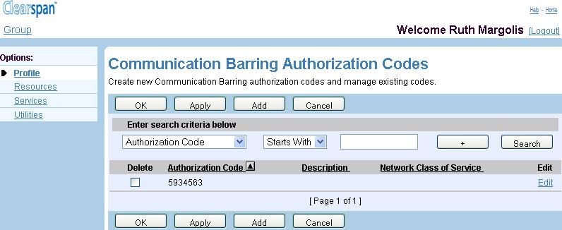 5.9 COMMUNICATION BARRING AUTHORIZATION CODES Use the Communication Barring Authorization Codes menu item on the Group Profile menu page to: List or Delete Communication Barring Authorization Codes