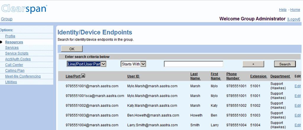 6.4 IDENTITY/DEVICE ENDPOINTS Use this item on the Group Resources menu page to list the identity/device endpoints for your group. 6.4.1 LIST IDENTITY/DEVICE ENDPOINTS The Group Identity/Device Endpoints page displays identity/device endpoints for your group.