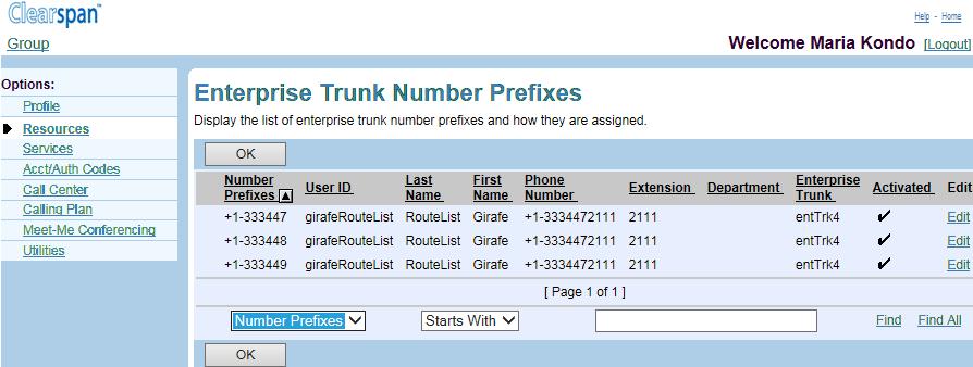 Figure 65 Enterprise Enterprise Trunk Number Prefixes 1. On the Group Resources menu page, click Enterprise Trunk Number Prefixes. The Group Enterprise Trunk Number Prefixes page appears. 2.