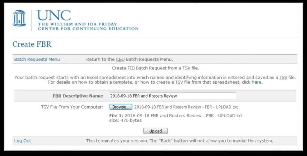 Click the Upload button. The CEU system will process your participant information and prepare it for assigning of Participant Identifiers.
