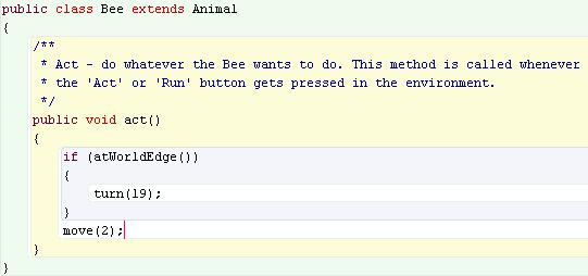 Call atworldedge Method in Subclass Open the Code editor for an Animal subclass. Create an IF statement that calls the atworldedge method as a condition.