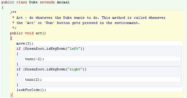Call lookforcode in Act Method Call the new lookforcode method in Duke's act method.