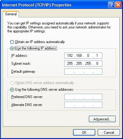 8. Under "General" tab, assign a virtual IP as shown in the picture below. Then click "OK" to save the changes. 9. This allows the server PC to act as a DHCP server towards the client PCs.