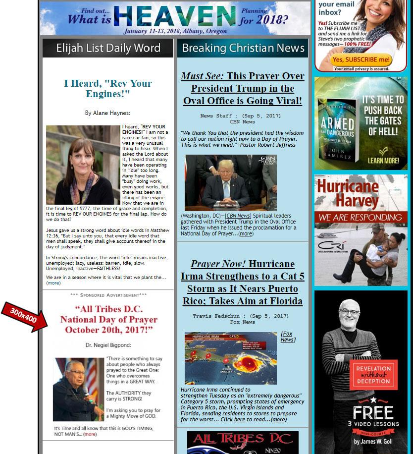 Homepage "Article" Banner - 300W x 400H pixels The Article banner appears in the Elijah List Daily Word feed or the BCN News feed, directly under the 1st feed articles on the Elijah List homepage and