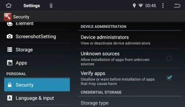 Security Settings There are a number of Android Operating System options available to administer the security of the applications and data installed onto your head-unit, and these are selected from