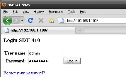 These are the only possible IP addresses on the SDU. The SDU login page will then appear as below. Note! The Firefox or Internet Explorer browser must be used.