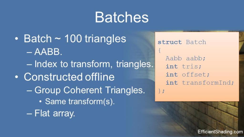 We used batches around 100 triangles, A batch is represented by an AABB and a list of triangles and they