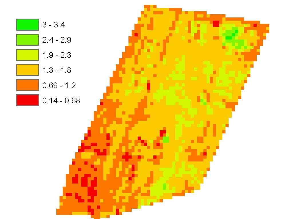 Results: Evaluation using ground data of LAI, field 222: Map of with-in
