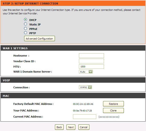 WAN1 Domain Name Server Select Manual to manually enter IP address of DNS or select Auto if DNS is assigned by ISP. Register to the SIP Proxy Server by clicking Enable support of SIP Proxy Server.