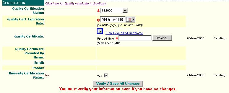 Uploading Certificate(s) Quality or and Environmental certificate 7.