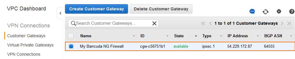 Your Barracuda NextGen Firewall F-Series is now configured in the AWS cloud and can be used to configure VPN connections.