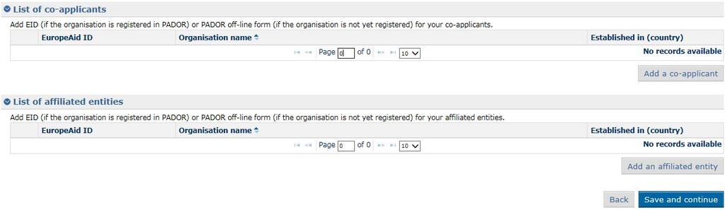 c) 'Co-applicants' tab In this tab you can enter any co-applicants or affiliated entities you have in the project.