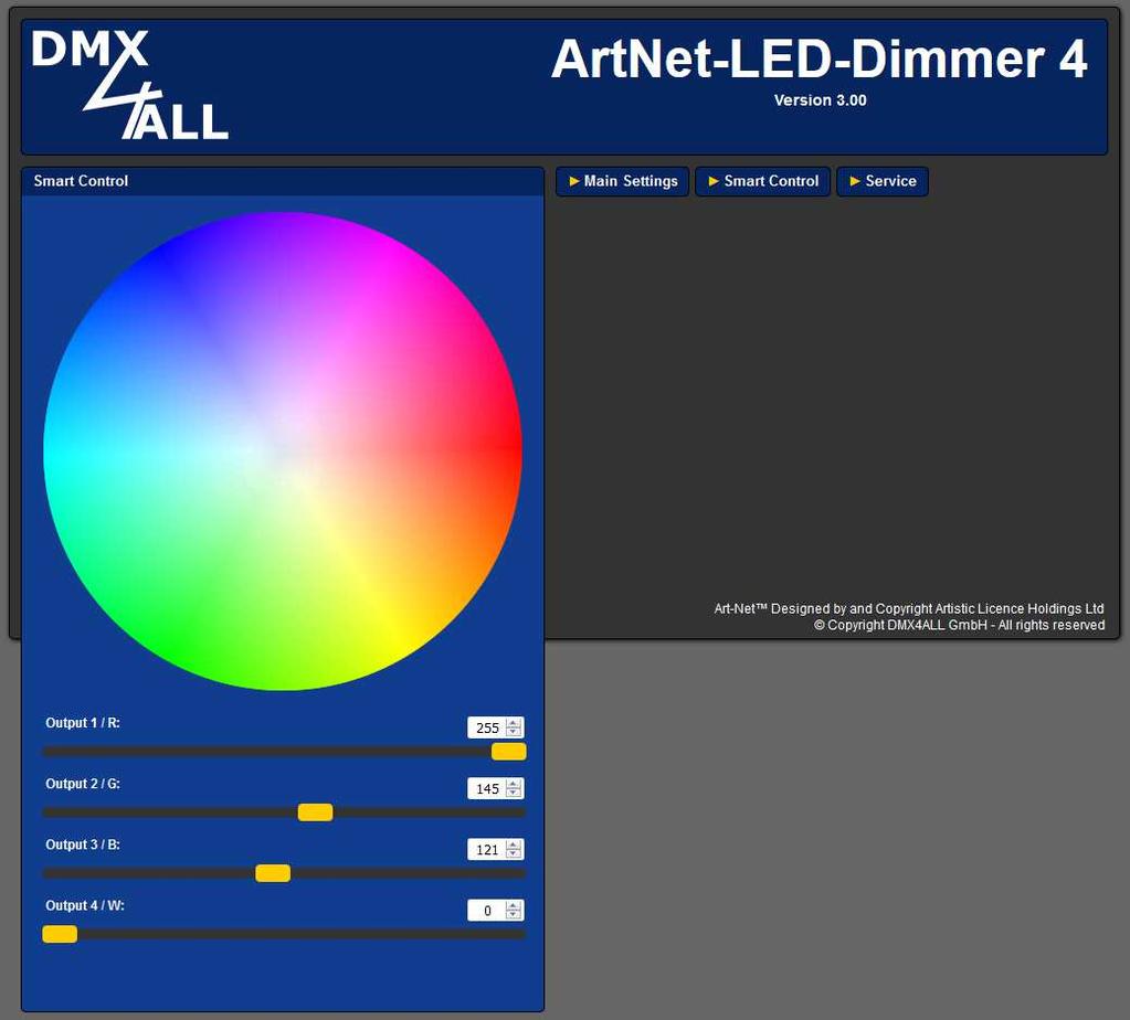 Control via Smart Control ArtNet-LED-Dimmer 4 MK2 12 The ArtNet-LED-Dimmer 4 MK2 offers the possibility to control the outputs via web interface with a color picker or slider.