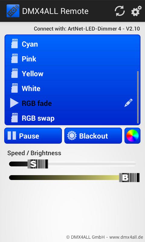 0 or higher. After starting the app for the first time the ArtNet-LED-Dimmer 4 IP must be entered in the Main-Settings.