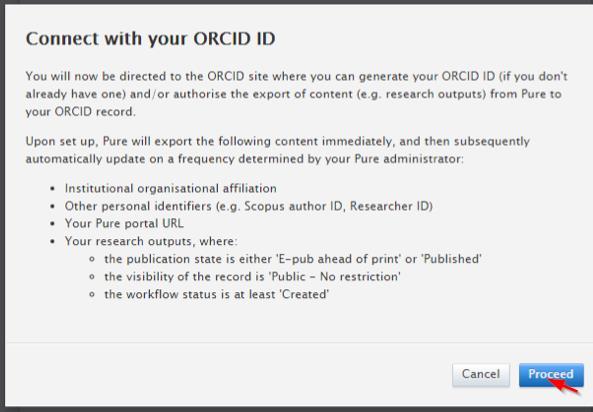 Go to Edit profile from the Personal overview screen and select Create or connect your ORCID ID : You are then directed to an information screen advising what content will be exported: Upon selecting