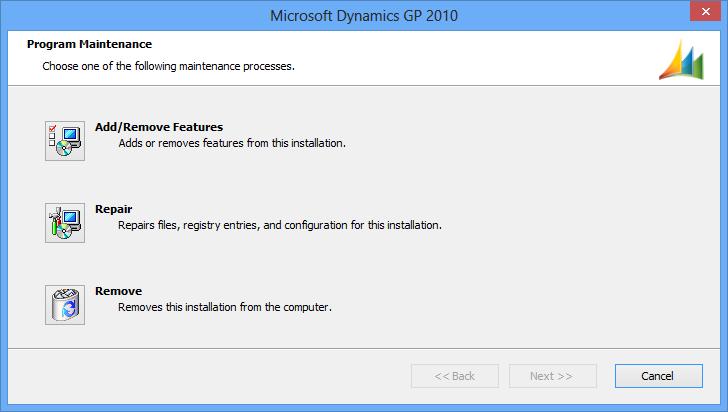 Select Microsoft Dynamics GP under the Install section. Select the existing instance of Microsoft Dynamics GP in the Instance Selection window and click Next. 3.