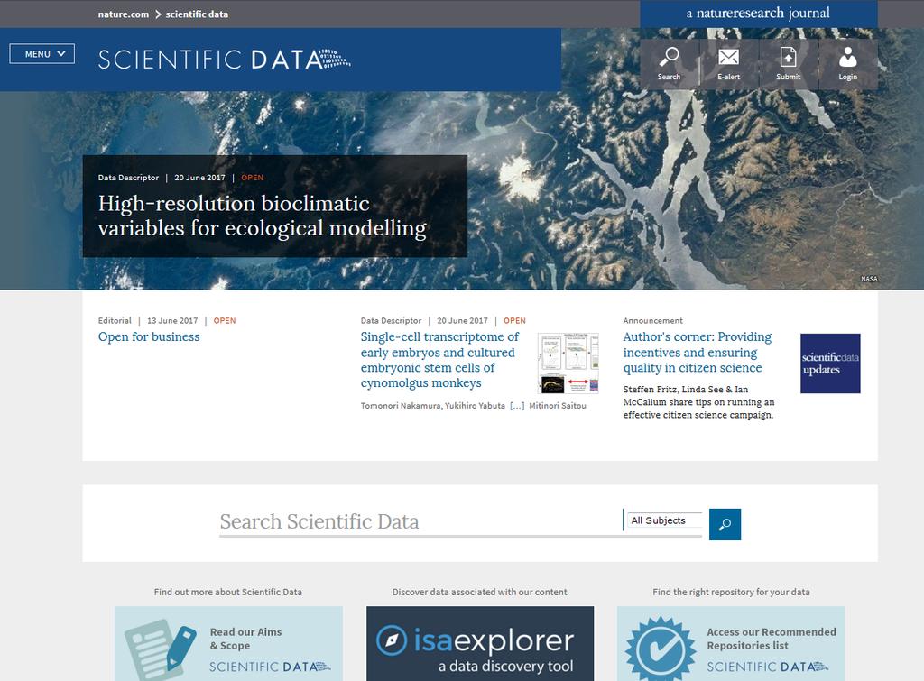 14 From our data journal portfolio: Scientific Data Scientific Data Part of the Nature Research Group, Scientific Data is an open-access, online-only journal for descriptions of scientifically