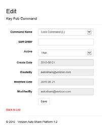 3.6 Virtual Key Fob Commands Key Fob Commands Search, add and delete key fob commands. Add New Choose a key fob command name from the drop-down menu, select sort order and set Active status to True.