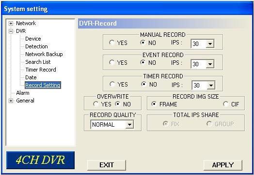 Adjust the daylight saving time using hour (ADJUST). Press APPLY to confi rm the setup, or EXIT to quit without saving. 7.16 Record Setting MANUAL RECORD Set manual recording (YES / NO), and set IPS.
