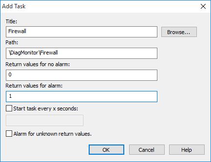 6. Make the following settings in the "Add Task" dialog: Under "Return values with no alarm:", enter the value "0". Under "Return values for alarm:", enter the value "1". Note Up to version 5.0.2 of DiagMonitor, the text for both fields is reversed in the German dialog box.