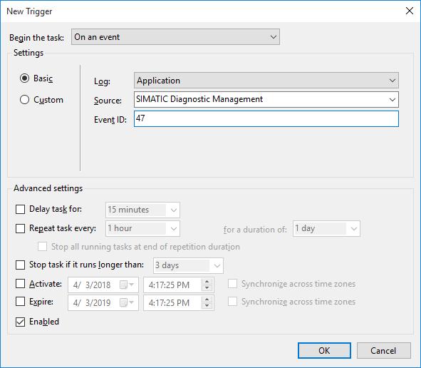 3. Make the following settings in the "New Trigger" dialog: Under "Begin the task:" select the setting "On an event". Under "Log:", select the "Application" protocol.