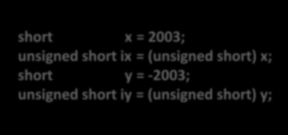 Type Conversion (6) Signed Unsigned Ordering inversion Negative Big positive T 2U w Two s complement +2 w 1 ( x) w x 2, x x, x 2 w 2 w 1 0 0 short x = 2003; unsigned short ix = (unsigned short) x;